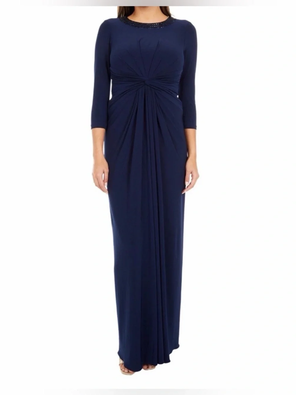Adrianna Papell Navy Beaded Embellished Neck Gown Twist Waist Keyhole Back 14 - Picture 7 of 16